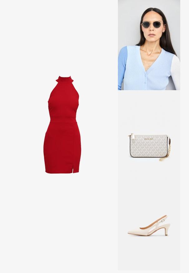 Raudona halter tipo suknelė su prigludusia siluetu, su aukštu apykakle ir šoniniu plyšiu. Pagaminta iš tamprių medžiagų, kad gerai priglustų.; Balti slingback kulniukai su smailiu pirštu, lygia viršutine medžiaga, žemu blokuotu kulnu ir šoniniu išpjovimu su reguliuojamu sagtimi.; Apskriti saulės akiniai su tamsiais objektyvais ir auksiniais rėmeliais. Modelis vilki šviesiai mėlyną, raukinį kardiganą su mygtukais ir kontrastingomis baltomis rankovėmis.; Michael Kors rankinė smėlio spalvos dengto kanvoje su pakartotiniu MK logotipo raštu, auksinėmis detalėmis ir nuimamu grandininiu dirželiu.