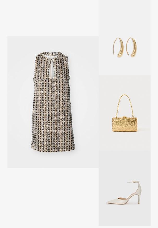 Rochie fără mâneci din țesătură cu un design modelat în gri, auriu și negru. Are un decolteu tip cheie și închidere cu fermoar la spate.; Pantofii înalți din piele albă, cu vârf ascuțit, curea la gleznă și toc subțire de tip stiletto. Textură netedă cu un finisaj subtil lucios.; Clutch din paiete aurii, cu o formă rectangulară, având un mâner din lanț croit și o închidere cu clapetă metalică, reflectând lumina cu un finisaj texturat.; Cercei din metal auriu, cu un design curbat și alungit. Au o suprafață netedă și strălucitoare, cu un vârf rotunjit pentru un detaliu suplimentar.