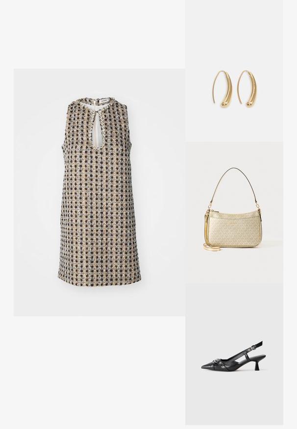 Šaty bez rukávov vyrobené z tkaniny s vzorovaným dizajnom v sivej, zlatej a čiernej farbe. Obsahuje výstrih v tvare kľúčovej diery a zapínanie na zips na chrbte.; Čierne kožené slingback topánky s špicatou špičkou, ozdobnými popruhmi s kovovými očkami a nízkym blokovým podpätkom. Textúrovaný povrch.; Kabelka so zlatou textúrou a hladkým koženým popruhom, s uzáverom na zips a jemným logom potlačeným na povrchu.; Náušnice vo forme zlatých kovových kruhov s zakriveným, predĺženým tvarom. Majú hladký, lesklý povrch a zaoblený koniec pre pridanie detailu.