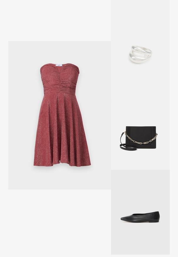 Bezs шақra kleita ar metālisku bordo audumu. Iezīmē savilktu izšuvumu pie krūšdaļas un izplešanos piedurkņu, kas stiepjas līdz ceļgaliem.; Melna ādas baleta kurpe, ar norādītu purngalu, minimālisma dizains, gluda tekstūra, zema papēža augstums, bez redzamiem aksesuāriem vai rotājumiem.; Melna ādas crossbody soma ar gludu faktūru, taisnstūrveida formu un metalizētu ķēdes detaļu priekšā. Iekļauta regulējama siksna.; Sudraba divu joslu gredzens ar gludu, pulētu virsmu. Iezīmējas ar plūstošu, izliekta dizaina struktūru ar pārklājošām sekcijām modernam izskatam.