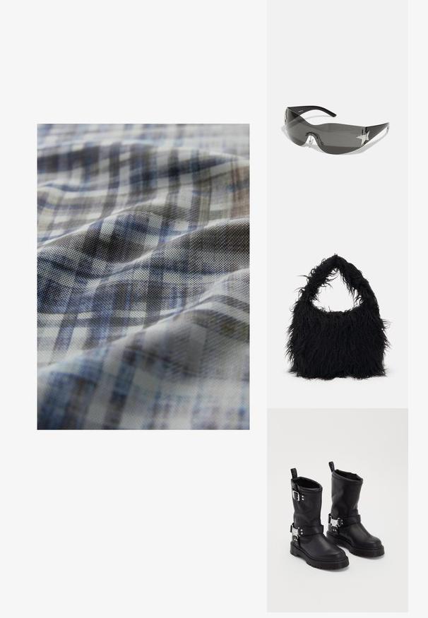 Gewebter Stoff mit einem blau-grauen Karomuster; zeichnet sich durch eine strukturierte Oberfläche mit sanften Wellen und unterschiedlichen Farbnuancen aus.; Schwarze Leder-Ankleboots mit einer robusten Sohle, ausgestattet mit einem seitlichen Schnallenriemen und dekorativen Beschlägen. Glatte Textur mit einer Schlaufe zum Anziehen.; Schwarze Sonnenbrille mit wrap-around Design, dunkel getönten Gläsern, glänzenden, sternförmigen Akzenten und verstellbaren Nasenpads.; Even&Odd Shopping Bag - black