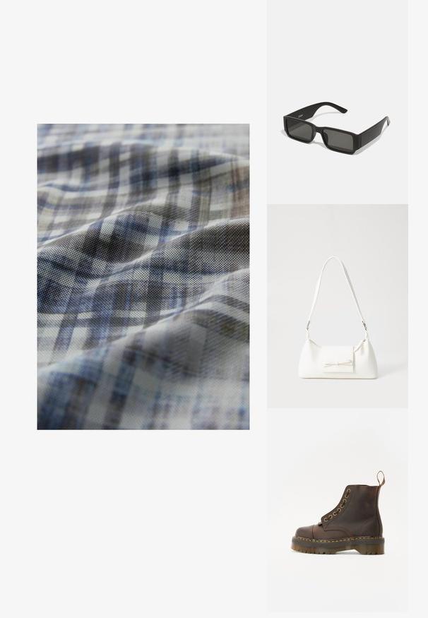 Audinys su mėlynu ir pilku languotu raštu; turi tekstūruotą paviršių su švelniais bangavimais ir skirtingomis spalvų atspalviais visame audinyje.; Rudos odinės kulkšninių batus su apvalia nosimi, kontrastinga geltona siūle, dekoratyviniais metaliniais akių skyreliais ir grioveliuota guma pagrindu.; Juodos saulės akinių su stačiakampiais lęšiais, matinio plastiko rėmas ir tiesios briaunos. Vidinėje rankovėje yra prekės ženklo logotipas.; Balta sintetinė rankinė trikampio formos, plokščiu priekiu su užsegimu, kaspino detale, reguliuojama dirželiu, lygia tekstūra ir minimalistišku dizainu.