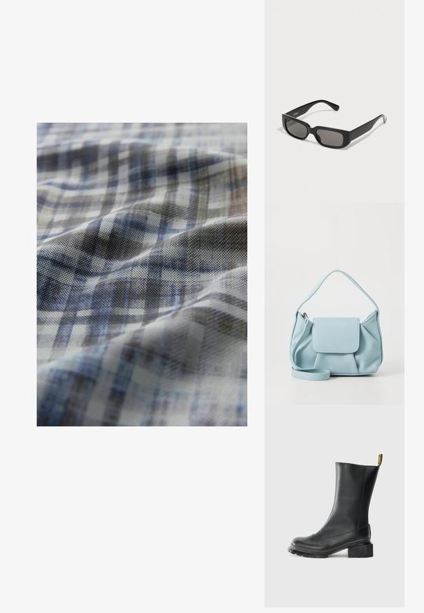 Gewebter Stoff mit einem blau-grauen Karomuster; zeichnet sich durch eine strukturierte Oberfläche mit sanften Wellen und unterschiedlichen Farbnuancen aus.; Schwarze Leder-Stiefelette mit Blockabsatz, glatter Textur, abgerundeter Zehenpartie und einer Fersenschlaufe mit gelbem Branding.; Schwarze rechteckige Sonnenbrille mit graugläsern, aus glattem Kunststoff. Verfügt über ein minimalistisches Design mit geraden Bügeln und subtiler Markenkennzeichnung.; Hellblaues Lederhandtasche mit einem oberen Griff, einer vorderen Klappen-Tasche und einem abnehmbaren Handgelenkriemen auf einem weißen Hintergrund.