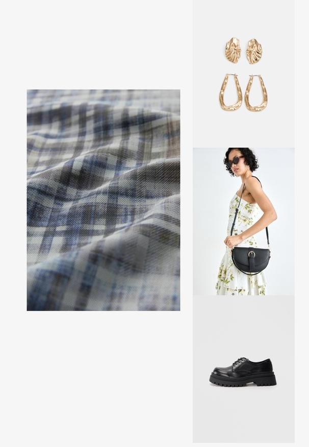 Tejido de algodón con un patrón a cuadros en azul y gris; presenta una superficie texturizada con suaves ondas y diferentes tonos de color a lo largo.; Zapato negro de cuero con suela gruesa y trenzada, con suela de plataforma resistente y ojales de metal, sobre un fondo gris liso.; Bolso de piel negra con forma curva, correa desmontable y herrajes dorados. El bolso cuenta con una solapa con un detalle de hebilla.; Pendientes en tono dorado que presentan formas texturizadas y onduladas. Incluyen aros de clip esculturales y un diseño de aro abierto con un acabado martillado.