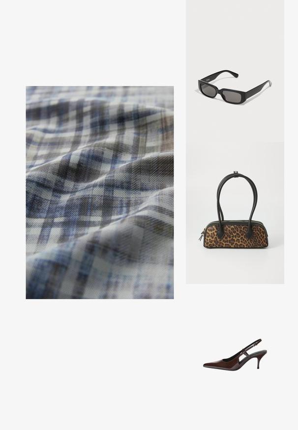 Szőtt anyag kék és szürke kockás mintával; texturált felülete van, amely lágy hullámokkal és a színek változó árnyalataival rendelkezik.; Barna lakkbőr, hátul nyitott, hegyes orrú szandál, vékony sarkakkal. Állítható csattal rendelkezik.; Fekete téglalap formájú napszemüveg, szürke árnyalatú lencsékkel, sima műanyagból készült. Minimalista kialakítással rendelkezik, egyenes karokkal és diszkrét márkajelzéssel.; Leopárdmintás kézitáska fekete műbőr alappal, dupla felső fogantyúval, arany szippantyúval és fekete műbőr díszítőelemekkel. Téglalap alakú.