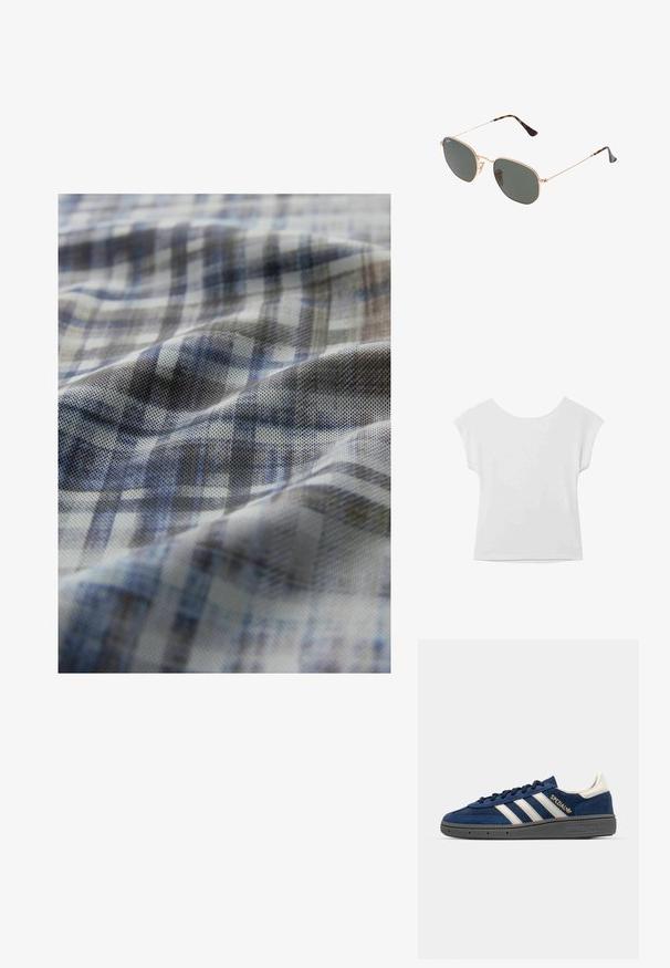 Vævet stof med et blågråt ternet mønster; har en struktureret overflade med bløde bølger og varierende nuancer af farve overalt.; Hvid kortærmet top med rund halsudskæring og en afslappet pasform. Fremstillet af et glat stof med subtil tekstur og rene linjer.; Mørkeblå ruskinds sneakers med hvide striber, guld "Spezial" detalje, grå tekstureret sål, rund tå og matchende snørebånd. Klassisk design.; Guldmetallisk brille med mørkegrønne linser, aviator-stil, med slanke arme og skildpadde-mønstrede detaljer på spidserne.