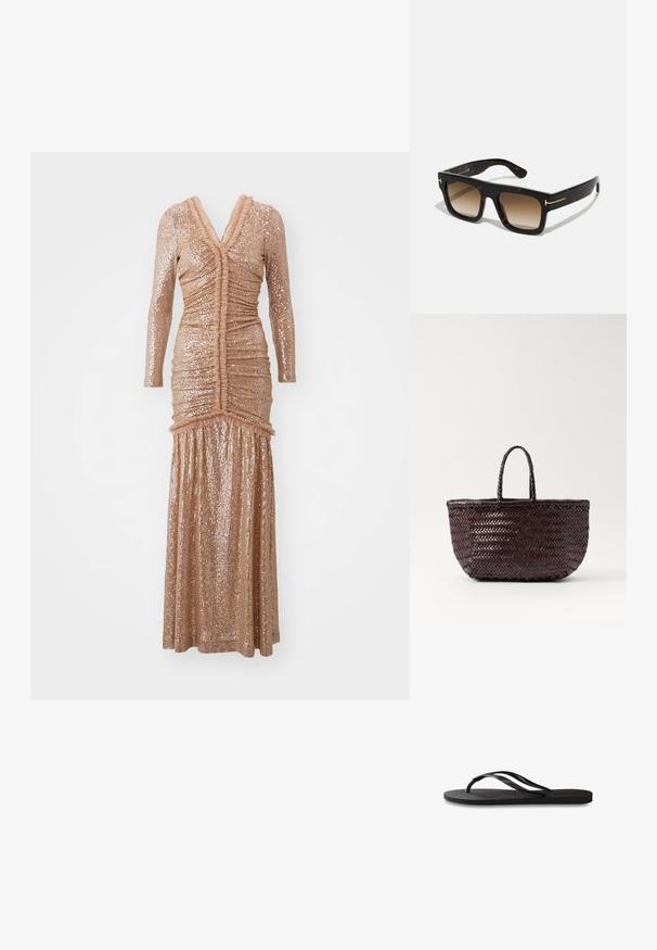 Lang, aansluitend jurkje van sequined stof in zacht roségoud. Bevat lange mouwen, ruches en een diepe V-hals.; Zwarte flip-flop met een gestructureerde rubberen zool, twee slanke banden en een subtiele, ingedrukte logo-detail op de band.;  Schildpad zonnebril met een vierkant frame, een verloop van bruine lenzen en subtiele gouden hardwareaccenten op de slapen.; DRAGON DIFFUSION BAMBOO TRIPLE JUMP SMALL - Handtas - dark brown