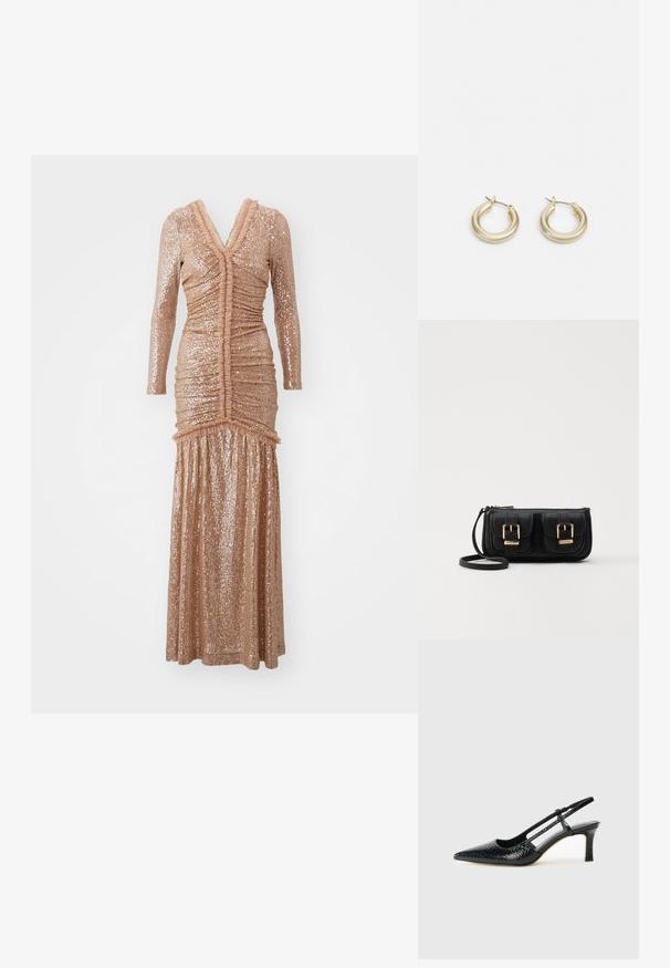 Robe longue et moulante fabriquée en tissu à sequins de rose doré doux. Elle présente des manches longues, des détails froncés et un décolleté en V profond.; Escarpin slingback en vernis noir avec un bout pointu, présentant un imprimé serpent texturé, une sangle réglable et un petit talon bloc texturé.; Sac en cuir noir porté en travers avec deux poches avant, boucles dorées, fermeture zippée et une sangle fine. Surface texturée et forme rectangulaire compacte.; Lauren Ralph Lauren BASIC SMALL HOOP - Boucles d'oreilles - gold-coloured