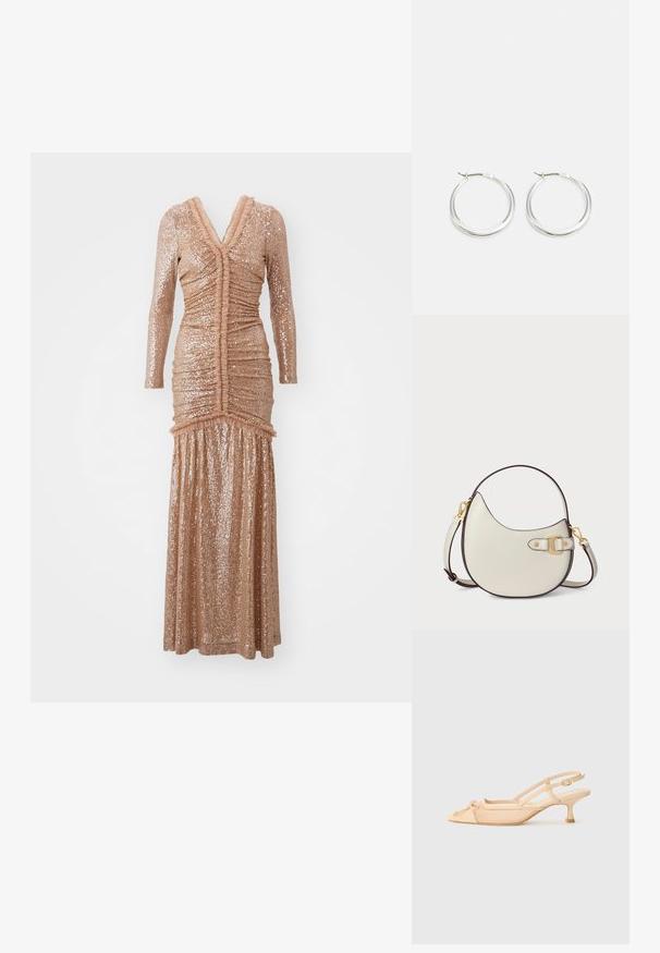 Robe longue et moulante fabriquée en tissu à sequins de rose doré doux. Elle présente des manches longues, des détails froncés et un décolleté en V profond.; Stuart Weitzman KITTY - Escarpins - beige/barely beige; Sac à main en cuir crème avec une forme courbée et des garnitures marron. Présente un fermoir en or et une bandoulière ajustable pour des options de port polyvalentes.; Les boucles d'oreilles en argent en forme de créole présentent un design lisse et arrondi avec un profil fin et un fermoir sécurisé. Style minimaliste avec une finition polie.