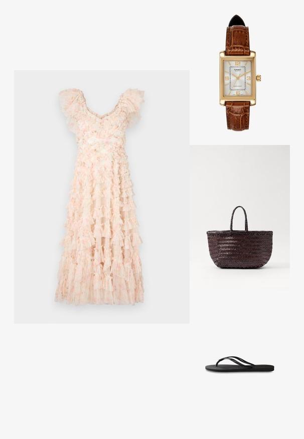 Needle & Thread DITSY LOLA BACKLESS BALLERINA DRESS - Koktejlové šaty / šaty na párty - moonshine pink; Černé žabky s texturovanou gumovou podrážkou, dvěma štíhlými popruhy a jemným, embosovaným logem na popruhu.; DRAGON DIFFUSION BAMBOO TRIPLE JUMP SMALL - Kabelka - dark brown; Kvadrové hodinky Casio s obdélníkovým pouzdrem ve zlatém tónu, bílým ciferníkem, zlatými hodinovými značkami a hnědým koženým řemínkem s krokodýlím vzorem. Voděodolné.