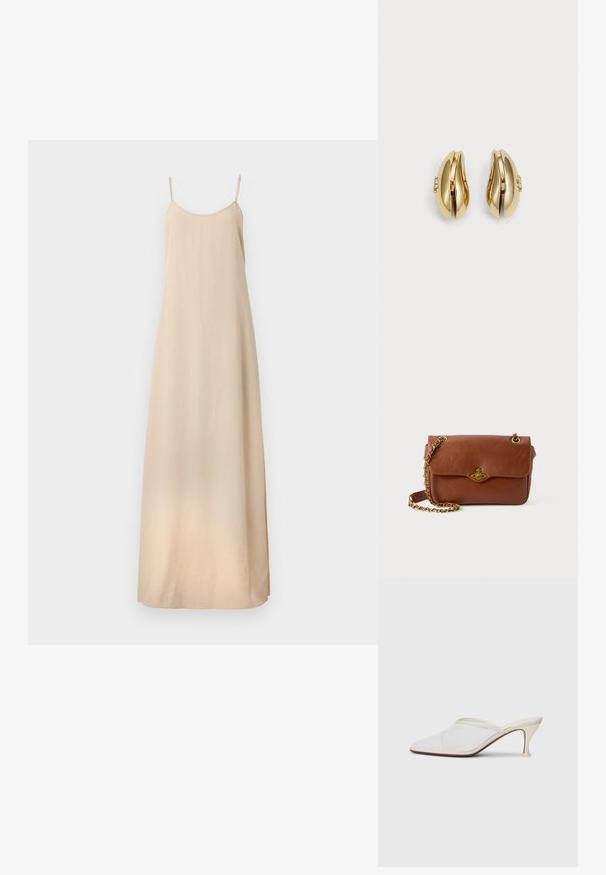 Filippa K DRAPED STRAP DRESS - Pidulikud riided - caramel be; Valge võrkmaterjalist teravatoa mulli king, millel on peen keskmise kõrgusega konts ja libisev disain, tühjal taustal.; Pruunist nahast risti keha kott klapiga kinnitusega, kuldsetest detailidest ja ahelaga rihmast. Sile tekstuur, ristkülikukujuline kuju, minimaalsete detailidega.; Kuldtooni kõrvarõngad voolava ja kõvera disainiga. Igal kõrvarõngal on sile pind ja väike klamber dekoratiivse detailiga.