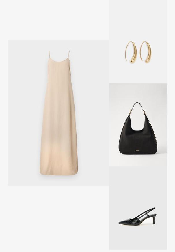 Filippa K DRAPED STRAP DRESS - Oblačila za posebne priložnosti - caramel be; Črne lakaste slingback pete s koničastim nosom, ki imajo teksturiran vzorec kačje kože, nastavljiv trak in kratek teksturiran blok peto.; MICHAEL Michael Kors NOLITA HOBO  - Torbica - black; Zlato-tonirani kovinski uhani v obliki obroča s krivuljo in podolgovato obliko. Imajo gladko, sijočo površino in zaobljen vrh za dodaten detajl.