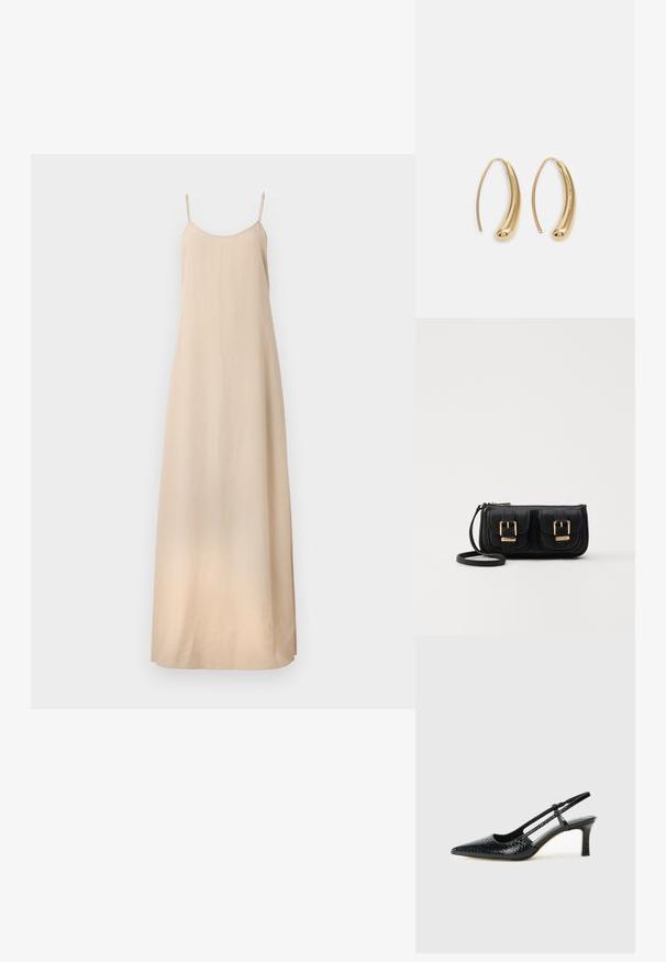 Filippa K DRAPED STRAP DRESS - Apģērbs svinīgiem gadījumiem - caramel be; Melna patent āda ar slīdošo papēdi un smailo purngalu, ar teksturētu čūsku drukājumu, regulējamu siksniņu un īsu teksturētu blokpapēdi.; Melnas ādas crossbody soma ar divām priekšējām kabatām, zelta sprādzēm, ar rāvējslēdzēju aizdari un šauru siksnu. Strukturēta virsma un kompakta taisnstūra forma.; Zelta toņu metāla gredzena auskari ar izliektu, pagarinātu formu. Ar gludu, spīdīgu virsma un noapaļotu galu papildu detaļām.