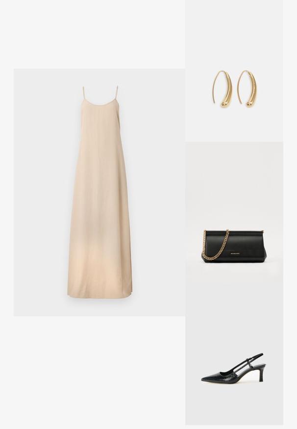 Filippa K DRAPED STRAP DRESS - Pidulikud riided - caramel be; Mustmust paelad, millel on terav varvas, tekstuuriga maduprindiga, reguleeritav rihm ja lühike tekstuuriga plokknina.; Mustast nahast klamberkott kuldse kettrihmaga, millel on sile tekstuur, ristkülikuline kuju ja esiküljel reljeefne brändingu märk.; Kuldtoonilised metallist rõngas kõrvarõngad, millel on kõver ja piklik kuju. Omavad siledat, läikivat pinda ja ümarat tipptugevdust, mis lisab detaili.