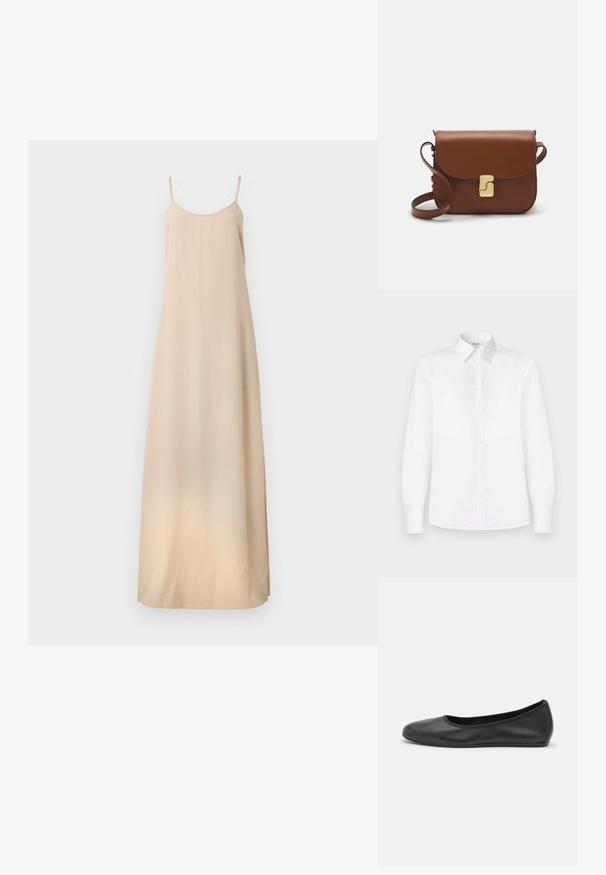 Filippa K DRAPED STRAP DRESS - Occasion wear - caramel be; White long-sleeve shirt made of smooth fabric, featuring a collared neckline and a button front with light pink buttons.; Black leather ballet flat with a rounded toe, smooth texture, minimal stitching detail, and a flexible sole design.; Brown leather handbag with a flap closure, gold-tone hardware, a shoulder strap, and a smooth texture. Compact rectangular shape.