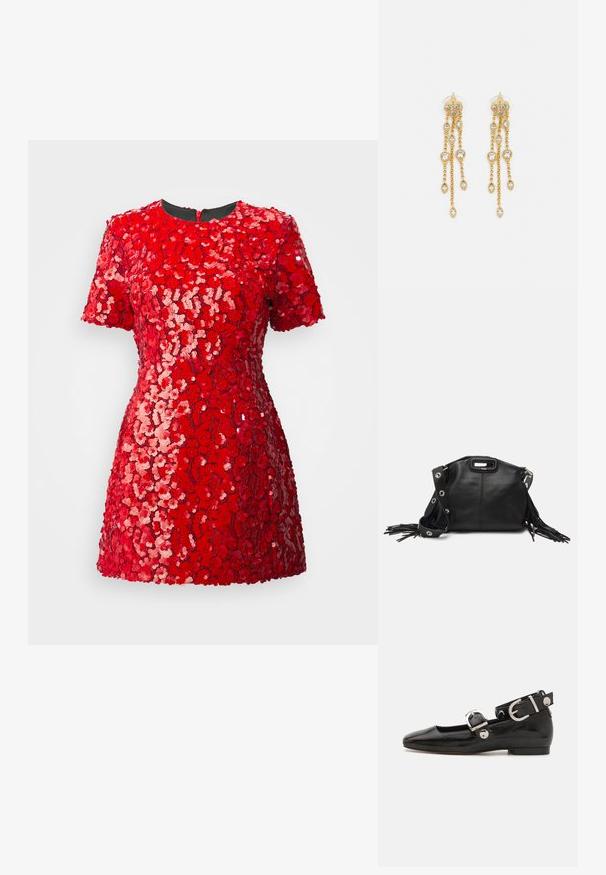 Sarkans mirdzošs kleita ar īsām piedurknēm, apaļu kakla izgriezumu un pieguļošu siluetu. Mirdzoņi veido teksturētu ziedu rakstu visā kleitā.; Melnas laika patenta ādas dzīvokļu kurpes ar kvadrātu purngalu, potītes siksna ar sudraba furnitūru un platu zoli. Gluda tekstūra ar minimālu dizainu.; Maje MISS MINI - Soma ar siksnu pāri ķermenim - noir; Zelta tonī auskari ar vairākiem kaskādes ķēdēm, kas rotāti ar caurspīdīgiem ovāliem rhinestone akcentiem un dekoratīvām pīrsingiem.