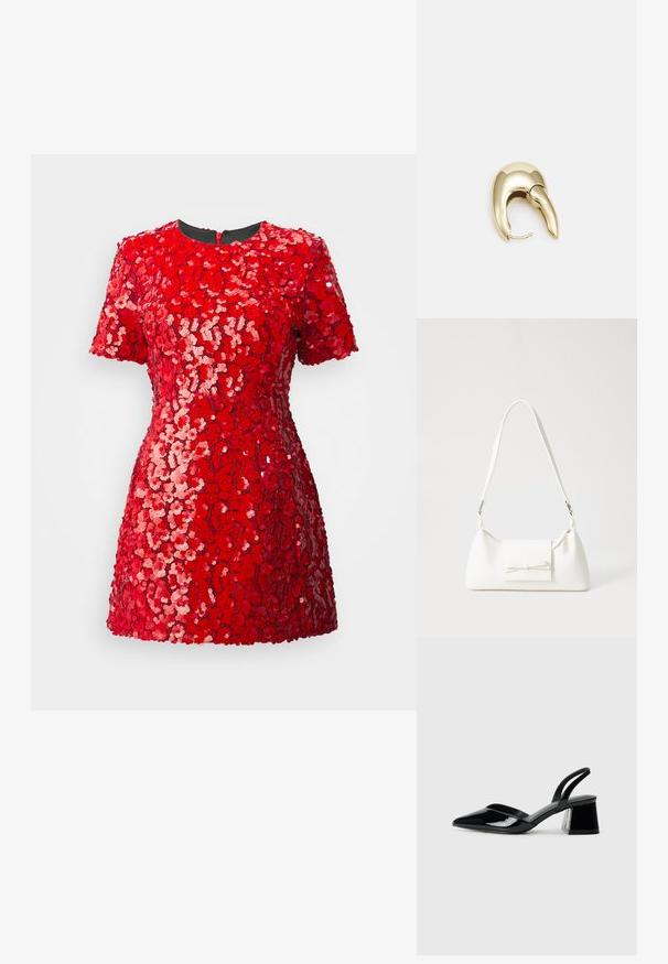 Punainen paljettimekko, jossa on lyhyet hihat, pyöreä pääntie ja tiukka siluetti. Paljetit luovat tekstuurillisen kukkakuosin kauttaaltaan.; Mustat patentoitu nahkakengät, joissa on säären takaosa ja terävä kärki, sekä geometrinen palikkakorko. Sisältää tyylikkään, minimalistisen muotoilun ja sileän pinnan.; Valkoinen synteettinen käsilaukku, jossa on kolmikulmainen muoto, tasainen etu läppä ja nauhadetail, säädettävä olkahihna, sileä rakenne ja minimalinen muotoilu.; Kultahipuinen korvakoru, jossa on sulavalinjainen, kaareva muotoilu. Ominaisuuksiin kuuluu erottuva terävä muoto, kiillotettu pinta ja sarana kiinnitys.