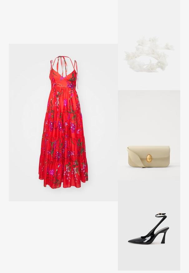 Erdem STRAPLESS LONG TIERED DRESS WITH TIES - Maksi garuma kleita - poppy; Melnas patentā ādas augstpapēžu kurpes ar norādītu purngalu, regulējamu potītes siksniņu un mērenu bloku papēdi. Gluda tekstūra ar spīdīgu apdari.; Beige krēma ādas somiņa ar gludu tekstūru, taisnstūra formu un zelta ovālu aizdari. Aprīkota ar garu, regulējamu siksnu.; Ziedu galvas lente, kas izgatavota no baltajiem ziedlapiņām ar plānu, elastīgu joslu. Ziedlapiņas ir mīkstas un vieglas, radot smalku, slāņotu izskatu.