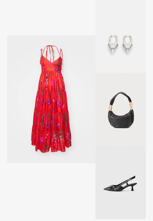 Erdem - Długa sukienka; Czarne skórzane buty typu slingback z ostrym noskiem, ozdobnymi paskami z metalowymi oczkami oraz niskim klinowym obcasem. Teksturowana powierzchnia.; Czarna skórzana torebka o okrągłym kształcie, miękkiej fakturze i wiązanym uchwycie z akcentami w złotym odcieniu. Zamek błyskawiczny.; Srebrne kłódki w kształcie serca z wygrawerowanymi napisami "TAK" i "NIE", polerowane wykończenie, symetryczny design oraz mocny metalowy zamek.