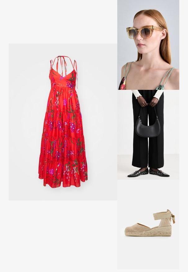 Erdem STRAPLESS LONG TIERED DRESS WITH TIES - Vestido largo - poppy; Espadrille beige con parte superior de lona, tacón tejido texturizado y suela de yute trenzado; cuenta con una correa atada al tobillo para un ajuste seguro.; Gafas de sol de estilo cat-eye con montura amarilla transparente, lentes marrones degradados, detalles dorados en las patillas y un acabado brillante.; Bolso de hombro de cuero negro con forma redondeada, acabado brillante y herrajes plateados. Persona vistiendo pantalones anchos negros y mocasines con tachuelas.