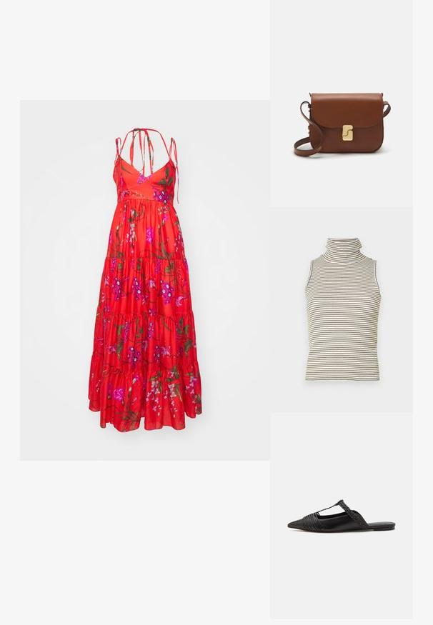 Erdem STRAPLESS LONG TIERED DRESS WITH TIES - Maxi šaty - poppy; Top bez rukávů s vysokým, těsným rolákem a vertikálními černobílými pruhy, vyrobený z texturované pleteniny.; Černé kožené slingback boty se špičatou špičkou, s tkaným akcentem a plisovaným designem svršku. Plochá podešev s minimálním kovovým zapínáním.; Hnědá kožená kabelka s klopou, zlatými kovovými detaily, ramenním popruhem a hladkým povrchem. Kompaktní obdélníkový tvar.