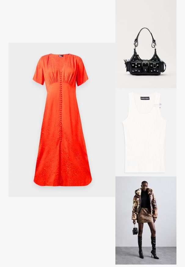 Gaiši oranža kleita, īsas piedurknes, apaļa kakla izgriezums, strukturēta auduma ar ziedu rakstu, ar priekšējo pogu aizdari un kuplu siluetu.; Balts ribota bez piedurknēm topiņš ar apaļu dekoltē un metāla akcentu uz pleca. Mīksta tekstūra, pieguļošs dizains.; Puffa jaka ar brūnu un melnu rakstu, kombinēta ar brūnu čūskas raksta mini svārkiem, melniem līdz ceļgala zābakiem un mazu melnu somiņu.; Melnas ādas rokturmais ar izliekumu, ar sudraba iedurtiem, sprādzi un divām sānu kabatām. Regulējams siksniņas garums dažādām nēsāšanas iespējām.