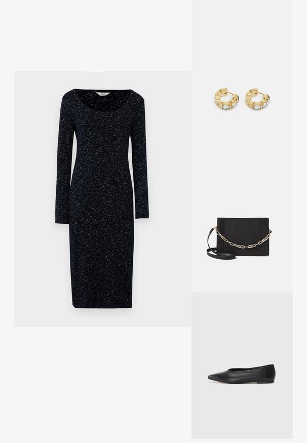 Robe navy à manches longues avec un col rond, fabriquée à partir d'un tissu doux avec un motif nuancé en tons bleus plus clairs.; Ballerines noires en cuir, à bout pointu, design minimaliste, texture lisse, talon bas, sans matériel ni embellissements visibles.; Sac bandoulière en cuir noir avec une texture lisse, de forme rectangulaire et un détail en chaîne métallique à l'avant. Sangle réglable incluse.; Boucles d'oreilles créoles en or avec un design texturé et trois accents de cristal clair d'un côté, offrant une esthétique géométrique moderne.