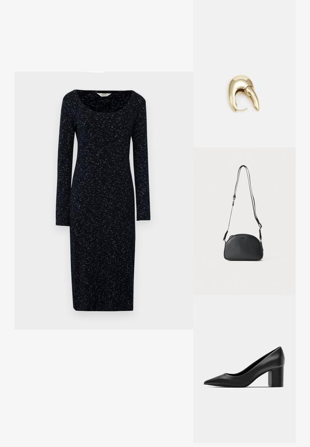 Langsleeve marineblauw jurk met een ronde hals, gemaakt van zachte stof met een subtiel gespikkeld patroon in lichtere blauwtinten.; Zwarte leren pump met een spitse neus en een chunky vierkante hak. Glad textuur, eenvoudig ontwerp, geschikt voor formele gelegenheden.; Zwarte leren schoudertas met een ronde vorm, twee verstelbare banden en een subtiel logo op de voorkant. Gestructureerde buitenkant, minimalistisch ontwerp.; Gouden metalen oorbel met een slank, gebogen ontwerp. Beschikt over een kenmerkende puntige vorm, gepolijste oppervlakte en scharnier sluiting.