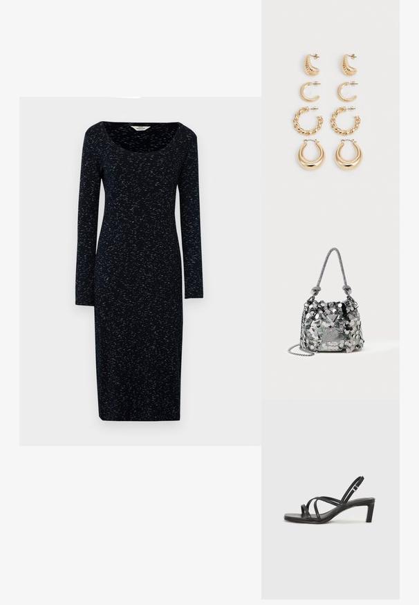 Robe navy à manches longues avec un col rond, fabriquée à partir d'un tissu doux avec un motif nuancé en tons bleus plus clairs.; Sandale noire à lanières avec un bout carré et un petit talon bloc. Elle présente plusieurs fines lanières et une sangle de cheville ajustable. Fabriquée en cuir lisse.; Petit sac à main argenté recouvert de grandes sequins, avec une anse nouée et une bandoulière en chaîne, comportant un logo de la marque Guess sur le devant.; Ensemble de cinq boucles d'oreilles en or, avec des designs variés : surfaces torsadées, striées et lisses en formes de créoles et de croissants.