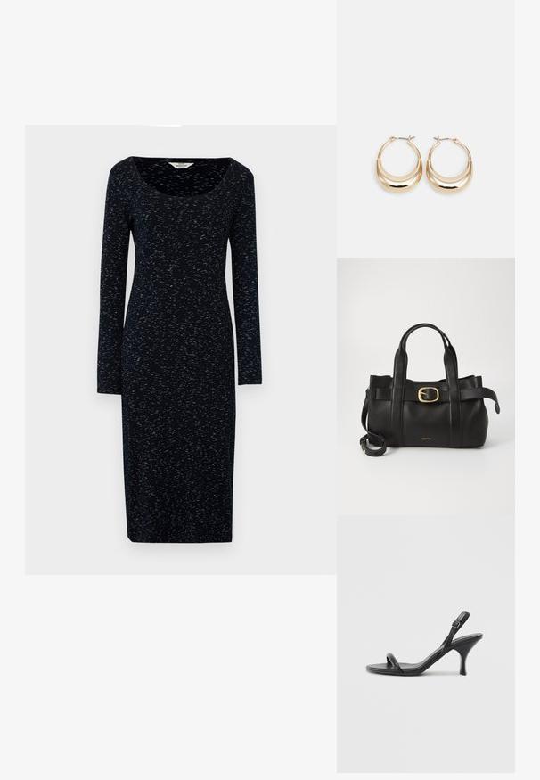 Langärmliges navy Kleid mit Rundhalsausschnitt, aus weichem Stoff gefertigt, mit einem dezenten gesprenkelten Muster in helleren Blautönen.; Schwarze Leder-Sandalen mit hohen Absätzen, schlankem, gebogenem Absatz und gekreuztem Riemendesign. Verstellbarer Knöchelriemen. Glatte Textur.; Schwarze Lederhandtasche mit strukturiertem Design, doppelten oberen Griffen, goldfarbenem Schnallenakzent und geprägtem Markenlogo auf der Vorderseite.; Goldfarbene Creolen mit einer Halbmondform, polierter Oberfläche und Scharnierverschluss. Die glatte Textur und der reflektierende Finish verbessern die Sichtbarkeit.