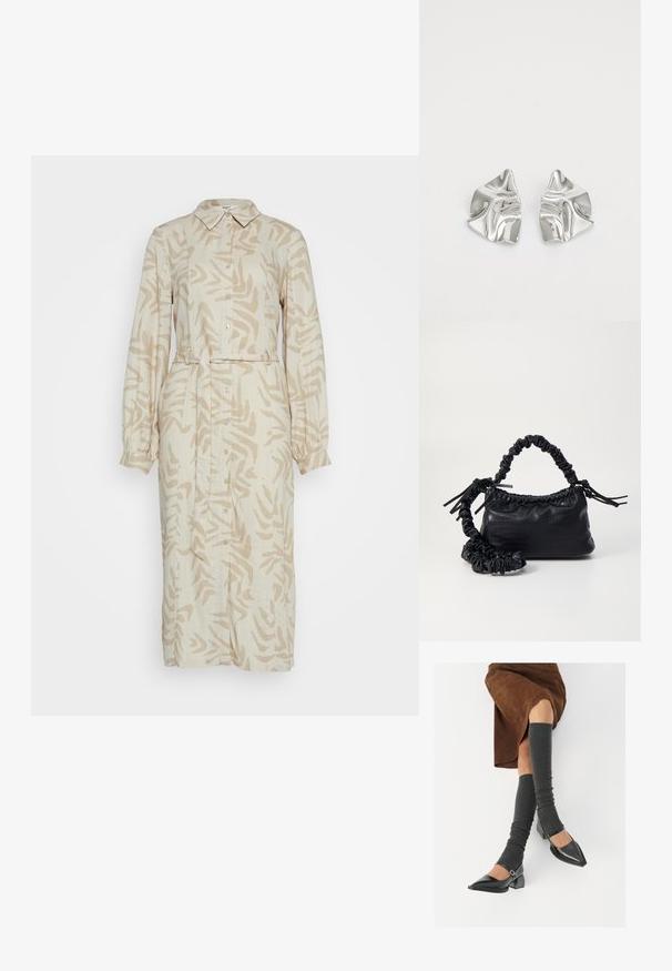 Beez linane kleit, millel on abstraktne heledat pruun pattern, nööbid ees, krae, pikad varrukad ja vöökoht.; Mustad patsaline odav värviga kingad, millel on kreen ja pahkluuring, on paaritatud hallide ribakudumitega sääremiidega ja pruunist nahast seelikuga.; Must must sünteetilisest nahast käekott, millel on krokodillimuster, kokku tõmmatav ülaosa ja kortsus rihm. Tundub pehme ja kompaktne disain.; Hõbedased metallkõrvarõngad lainelise, skulpturaalse disainiga, millel on poleeritud viimistlus ja ebaregulaarsed kujundid, rõhutades kaasaegset esteetikat.