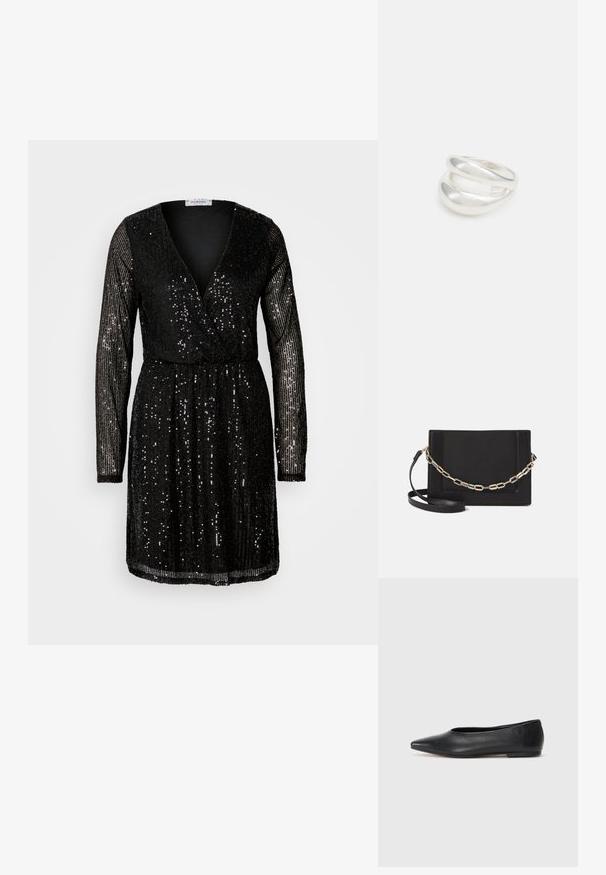 Crna haljina sa šljokicama koja ima dugačke rukave, dubok V-izrez i strukiranje. Šljokice prekrivaju cijeli odjevni predmet, reflektirajući svjetlost.; Crne kožne balerinke, uski vrh, minimalistički dizajn, glatka tekstura, niska peta, bez vidljivih dodataka ili ukrasa.; Crna kožna torba preko tijela s glatkom teksturom, pravokutnim oblikom i metalnim lancem na prednjoj strani. Uključena je podesiva naramenica.; Srebrna dvostruka prsten s glatkom, poliranom površinom. Karakterizira ga fluidan, zakrivljen dizajn s preklapajućim sekcijama za moderan izgled.