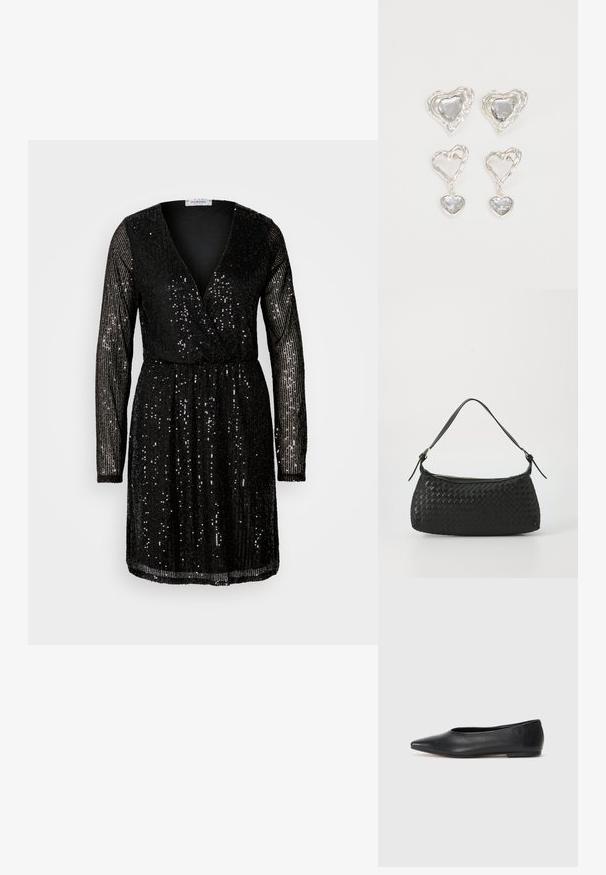 Melnas fliterētu sequīnu kleita ar garām piedurknēm, dziļu V formas kakla izgriezumu un piegulošu jostasvietu. Sequīni pārklāj visu apģērbu, atspoguļojot gaismu.; Melna ādas baleta kurpe, ar norādītu purngalu, minimālisma dizains, gluda tekstūra, zema papēža augstums, bez redzamiem aksesuāriem vai rotājumiem.; Melns austs plecu soma ar gludu ādas siksnu un rāvējslēdzēja aizdari. Iezīmējas ar teksturētu virsmu un izliekumu.; Sudraba sirds formas auskari ir rotāti ar daudzšķautņainiem caurspīdīgiem akmeņiem un ar teksturētu rāmi. Komplektā iekļauti gan pērlīšu, gan pilienu stili.