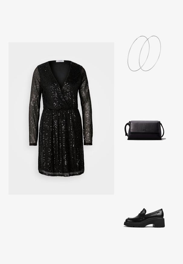 Juodas blizgučiais pasidengęs suknelė su ilgomis rankovėmis, giliais V formos iškirpimu ir suspaustu liemeniu. Blizgučiai apima visą drabužį, atspindėdami šviesą.; Juodas odinis loaferis su storais kulnais, storu padu ir dirželiu per viršų, rodoma iš šono ant baltos fono.; Juodas odinis kosmetinis krepšys, stačiakampio formos, lygia tekstūra, plokščiu uždarymu ir mažu rankenėle šone. Pabrėžia subtilų logotipą.; Sidabrinės pusmėnulio auskarai minimalistiniu dizainu. Apskritimo forma, lygus paviršius ir plonas profilis. Lengvi su poliruotu apdailu.