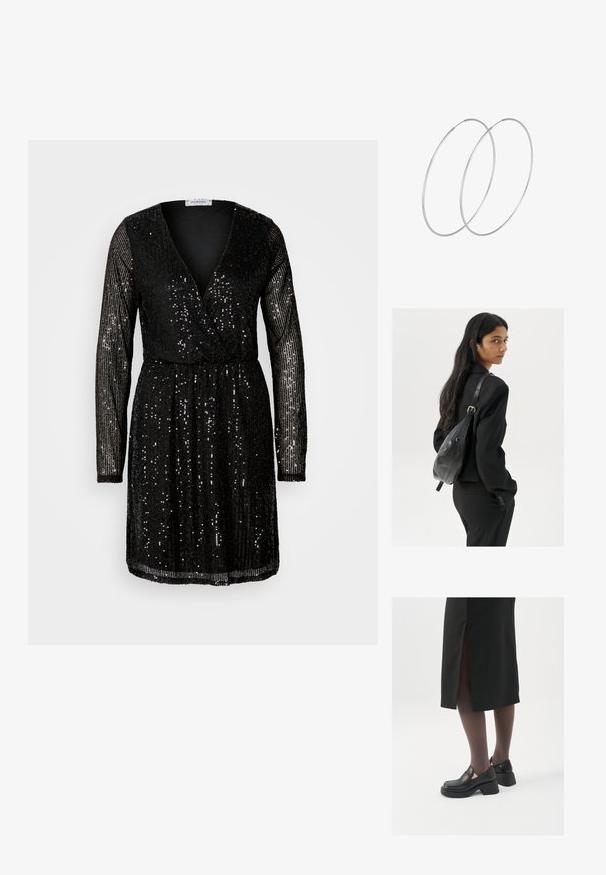 Musta paljetein koristeltu mekko, jossa on pitkät hihat, syvä V-pääntie ja kireä vyötärö. Paljetit peittävät koko vaatteen, heijastaen valoa.; Mustat nahkakengät pyöreällä kärjellä, paksulla lohkopohjalla ja joustavilla sivuakkesseilla, yhdistettynä tummiin sukkahousuihin ja mustaan hameeseen, jossa on halkio.; Nainen, jolla on pitkä tumma hius, pukeutuneena mustaan pukuun, kantaa mustaa nahkatoimistolaukku ja katsoo yli olkansa valkoista taustaa vasten.; Hopehope hopeilla, joissa on minimalistinen muotoilu. Pyöreä muoto, sileä pinta ja ohut profiili. Kevyet ja kiillotetut.