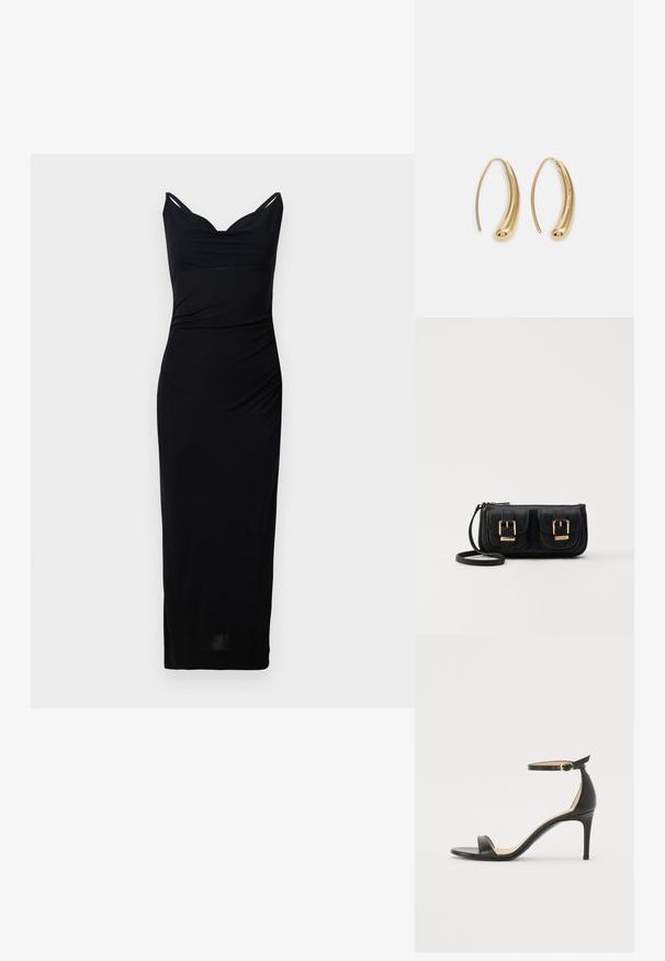 Czarna, dopasowana sukienka z dekoltem w kształcie litery V i cienkimi ramiączkami. Wykonana z gładkiego materiału, posiada boczne marszczenia i długość do kolan.; Czarne skórzane sandały na wysokim obcasie z paskiem na kostce. Charakteryzują się gładką fakturą, otwartym noskiem i cienkim obcasem. Złoty detal z klamrą.; Czarna skórzana torba na ramię z dwoma przednimi kieszeniami, złotymi klamrami, zamkiem błyskawicznym i cienkim paskiem. Teksturowana powierzchnia i kompaktowy prostokątny kształt.; Złote metalowe kolczyki w kształcie obręczy o zakrzywionym, wydłużonym kształcie. Posiadają gładką, błyszczącą powierzchnię oraz zaokrąglony koniec dla dodatkowego efektu.