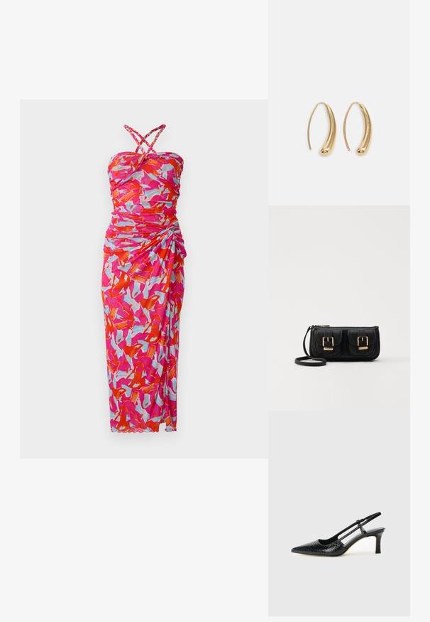 Μάξι φόρεμα σε έντονα ροζ, κόκκινα και μπλε αφηρημένα σχέδια. Διαθέτει ριχτό σχέδιο, strapless στήθος και σταυρωτές τιράντες.; Μαύρη πατέντα σλινγκμπάκ γόβα με μυτερή μύτη, διαθέτει υφή από φίδι, ρυθμιζόμενο λουρί και κοντή, υφή τετράγωνη φτέρνα.; Μαύρη δερμάτινη τσάντα ώμου με δύο μπροστινές τσέπες, χρυσά κούμπωματα, κλείσιμο με φερμουάρ και λεπτό λουρί. Υφή επιφάνειας και κομψό ορθογώνιο σχήμα.; Χρυσές μεταλλικές σκουλαρίκια κρίκοι με καμπυλωτό, ελκυστικό σχήμα. Περιλαμβάνουν μια λεία, γυαλιστερή επιφάνεια και στρογγυλή άκρη για πρόσθετη λεπτομέρεια.
