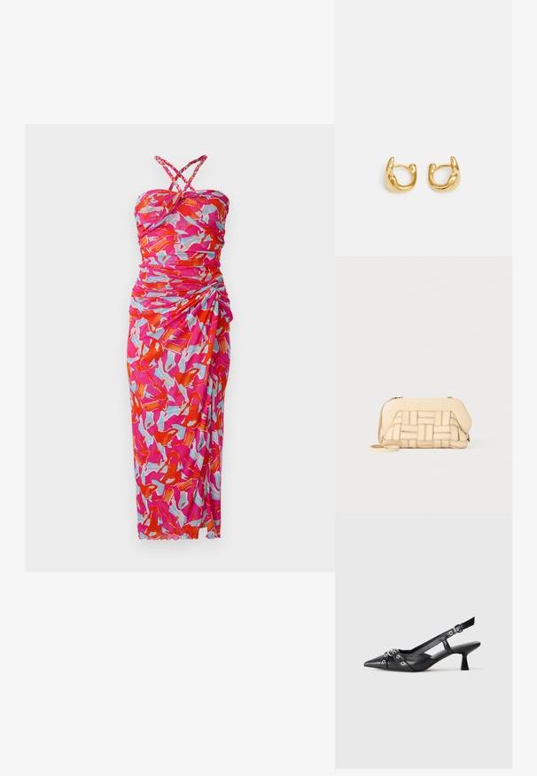 Maxi suknelė ryškių rožinės, raudonos ir mėlynos abstrakčios raštos. Su raukšlėtu dizainu, be petnešų korpusu ir kryžminėmis petnešomis.; Juodas odinis slingback tipo batai su smailiu priekiniu atvartu, dekoratyvinėmis sagtimis su metaliniais akyčiais ir žemu blokiniu kulnu. Saldus paviršius.; Austintais bežinis rankinukas su struktūrizuotu dizainu, turintis lygią viršutinę dalį ir ilgas diržas. Tekstūruoti elementai pagerina bendrą išvaizdą.; Auksiniai auskarai-žiedai su lygiu, apvaliu dizainu ir blizgiu paviršiumi. Auskarai turi kompaktišką, masyvų forma ir be siūlių užsegimą.