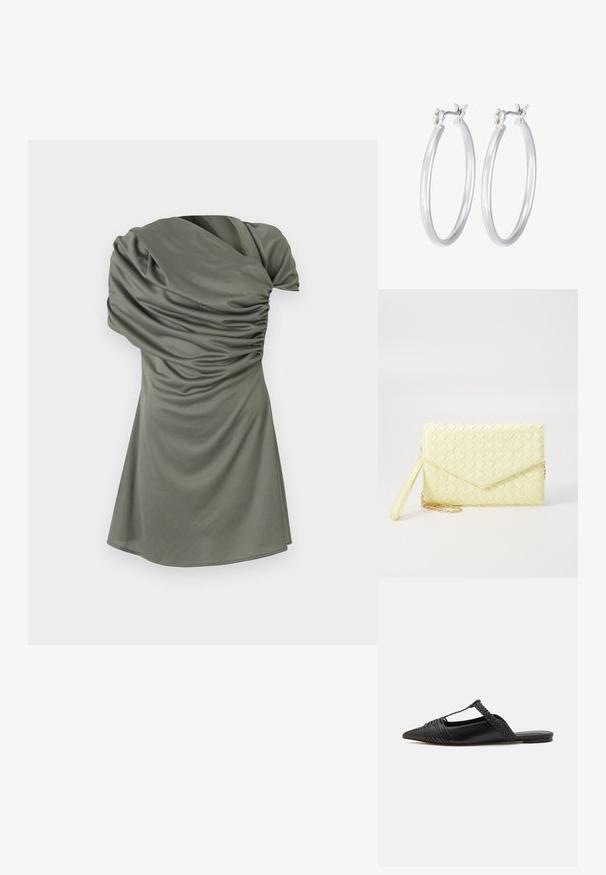 Kratka obleka s kratkimi rokavi v oljčno zeleni barvi, ki se ponaša z nabranimi teksturami, asimetričnim izrezom in prilagojeno silhueto, ki prehaja v širok rob.; Črne usnjene sandale s priponko, koničastim nosom in tkano dekoracijo ter gubanjem na zgornjem delu. Ravna podplata z minimalno opremo.; Rumena pletena torbica za ključe z zapiralom, odstranljivim zapestnim trakom in zlatim verižnim poudarkom. Gladka tekstura in pravokotna oblika.; Srebrni obroči za ušesa z gladko, polirano površino. Okrogla oblika in varna zaponka s klikom. Lahka zasnova, primerna za vsakodnevno nošenje.