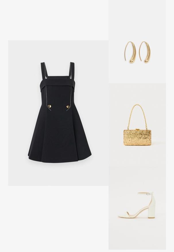 Vestido preto com corpete ajustado, alças largas e saia plissada. Apresenta botões dourados e detalhes de costura em branco contrastante.; Sandal de bloco em pele branca, apresentando uma correia no tornozelo com fivela e um design minimalista. Com biqueira aberta e texturas suaves ao longo de toda a peça.; Clutch dourada em lantejoulas com formato retangular, apresentando uma alça de corrente torcida e um fecho de metal, refletindo a luz com um acabamento texturizado.; Brincos em metal dourado com forma de arco alongado e curvado. Apresentam uma superfície lisa e brilhante, com uma ponta arredondada para um detalhe adicional.