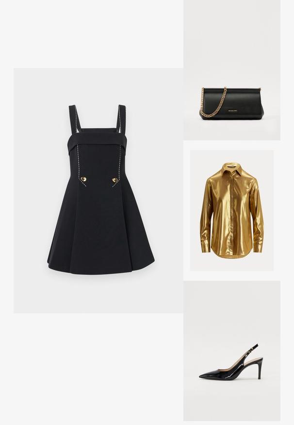 Vestido preto com corpete ajustado, alças largas e saia plissada. Apresenta botões dourados e detalhes de costura em branco contrastante.; Camisa de mangas longas metálica dourada com colarinho abotoado, textura suave, pala frontal e barra arredondada.; Sandal com salto em verniz preto, bico fino, salto esguio e um design de recorte subtil. Apresenta uma fivela dourada na alça.; Mala de mão de couro preta com uma alça de corrente dourada, apresentando uma textura suave, forma retangular e uma marca gravada na parte da frente.