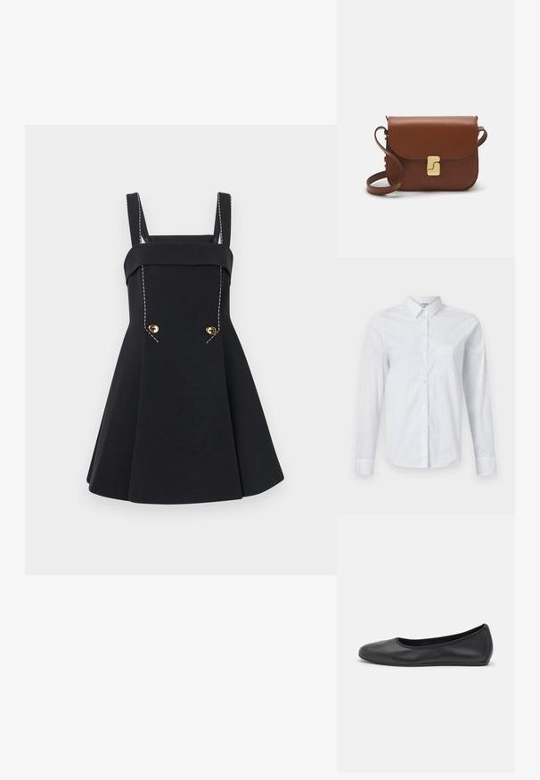 Μαύρο φόρεμα με εφαρμοστό μπούστο, φαρδιές τιράντες και πλισέ φούστα. Διαθέτει χρυσά κουμπιά και αντίθετες λεπτομέρειες με λευκή ραφή.; Λευκό πουκάμισο με μακριά μανίκια, κατασκευασμένο από βαμβάκι. Διαθέτει κουμπωτή μπροστά, κολάρο με尖 και τσέπη στο αριστερό μέρος του στήθους.; Μαύρο δερμάτινο μπαλαρίνι με στρογγυλή μύτη, λεία υφή, ελάχιστες λεπτομέρειες ραφής και σχεδίαση ευέλικτης σόλας.; Καφέ δερμάτινη τσάντα χειρός με κλείσιμο καπάκι, χρυσές λεπτομέρειες, ιμάντα ώμου και λεία υφή. Συμπαγές ορθογώνιο σχήμα.