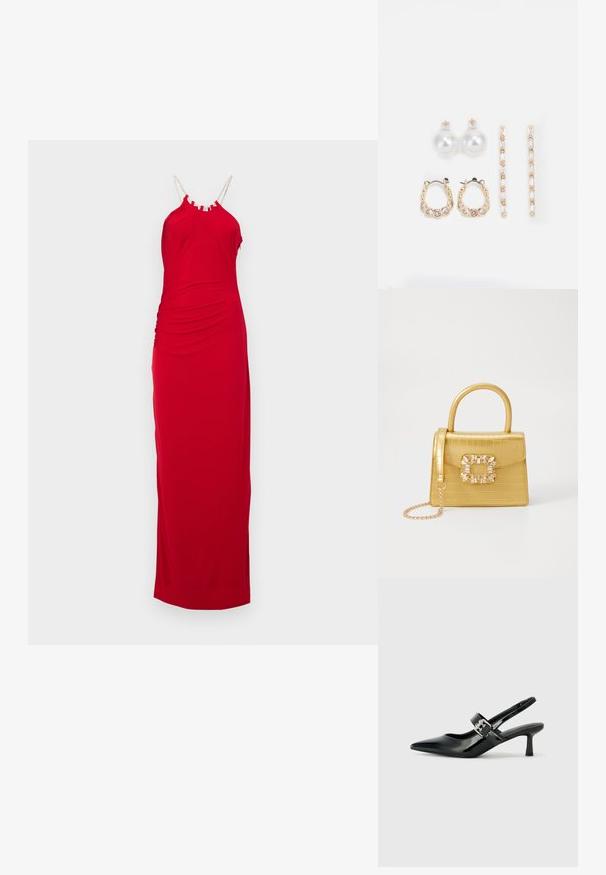 Hervé Léger THE GENEVIEVE GOWN - Maksimekko - cardinal; Musta patenttinaahkakengät, joissa on osoittava kärki ja pieni lohko korko, varustettuna hopeisella soljella hihnassa.; Keltainen keinonahkainen krokotiililaukku, jossa on jämäkkä muotoilu, yläkahva, irrotettava ketjusanka ja koristeellinen kristallikoristelu lukossa.; Kolme paria korviksia: suuret valkoiset helmetuoksut, kultaketjut, joissa on kirkkaat jalokivet, ja kaksi pitkiä, suoria kultakoristekorviksia, joissa on kimaltelevia yksityiskohtia.