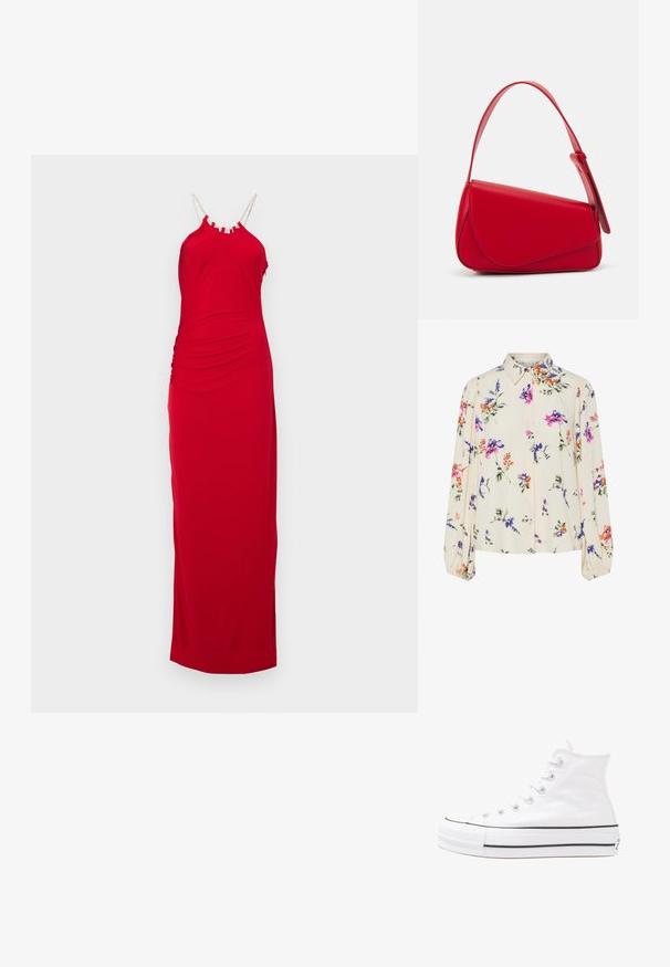 Hervé Léger THE GENEVIEVE GOWN - Velika haljina - cardinal; Cvjetna bluza s dugim napuhanim rukavima, svijetlo krem osnova, s ljubičastim, narančastim i zelenim cvjetnim uzorcima, te klasičnim dizajnom ovratnika.; Bijela visoka platnena tenisica s crnom gumenom potplatom, prednjim gumenim zaštitnikom prstiju i šest rupa za vezanje, s čistim, minimalističkim dizajnom.; Crvena kožna torba s kutnim, geometrijskim dizajnom. Ima jedan podesivi remen i preklopni zatvarač sa šivenim detaljima.