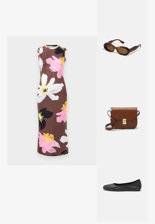 Brąsowa sukienka bez rękawów z dużym kwiatowym nadrukiem w kolorze różowym, białym, czarnym i żółtym. Ma okrągły dekolt i dopasowany krój.; Czarne skórzane baletki z zaokrąglonym noskiem, gładką fakturą, minimalnymi przeszyciami i elastycznym designem podeszwy.; Okulary przeciwsłoneczne w stylu żółwi, z owalnymi soczewkami, brązowym odcieniem i złotymi akcentami na ramionach. Grube oprawki o błyszczącej powierzchni i gładkiej fakturze.; Brązowa skórzana torebka na ramię z klapką, złotymi detalami, paskiem na ramię i gładką teksturą. Kompaktowy prostokątny kształt.
