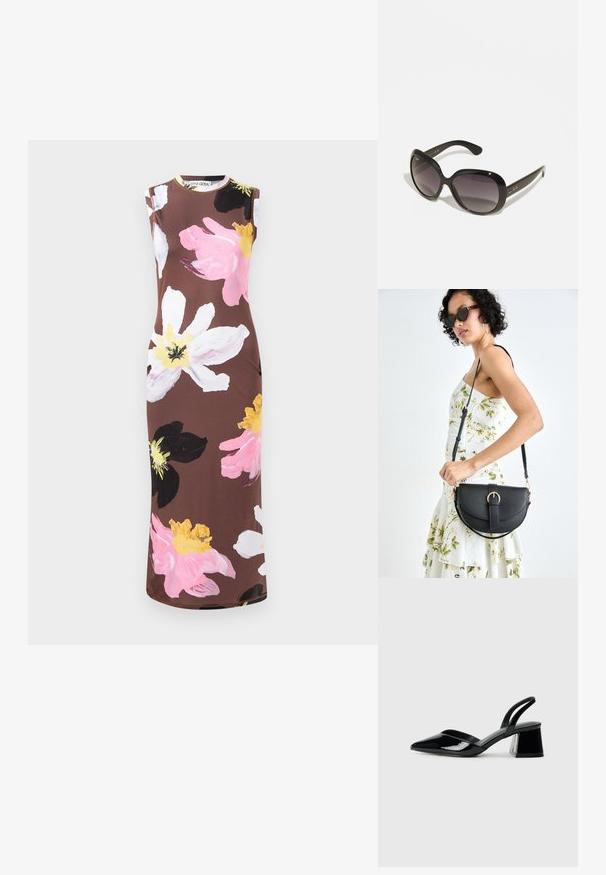 Sleeveless brown dress with large floral print in pink, white, black, and yellow. Features a round neckline and slim fit.; Black patent leather slingback heels with a pointed toe and a geometric block heel. Features a sleek, minimal design and smooth texture.; Black sunglasses with oversized, rounded frames. Lenses gradient from dark to light. Features a sleek, glossy finish and subtle logo accents on temples.; Black leather handbag with a curved shape, detachable strap, and gold hardware. The bag features a flap with a buckle detail.
