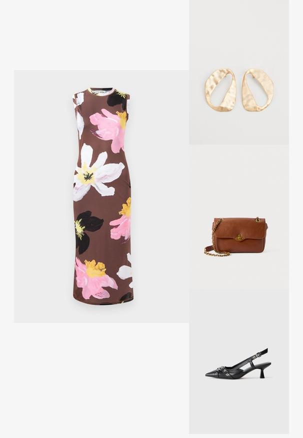 Vestido castanho sem mangas com grande estampado floral em rosa, branco, preto e amarelo. Apresenta um decote redondo e corte ajustado.; Sapato slingback em couro preto com biqueira fina, tiras decorativas com ilhós de metal e um pequeno salto quadrado. Superfície texturizada.; Bolsa de ombro em couro castanho com fecho em aba, acessórios em dourado e alça de corrente. Textura suave, forma retangular, detalhes mínimos.; Par de brincos irregulares em forma oval, feitos de metal dourado, com uma superfície texturizada e ligeiramente martelada, sobre um fundo branco.