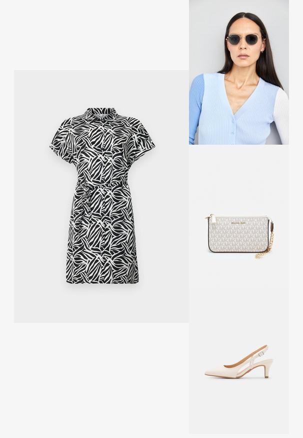 Melnas un baltas īsām piedurknēm kleita ar abstraktu viļņu rakstu, apkakli, pogu priekšpusi un jostu vidukļa pielāgošanai. Gluda auduma.; Baltas siksniņveida papēdis ar smailu purngalu, gludu augšējo materiālu, zemu blokpapēdi un sānu izgriezumu dizainu ar regulējamu sprādzi.; Apaļas saulesbrilles ar tumšiem objektīviem un zeltītām rāmēm. Modelis valkā gaiši zilu, ribotu kardigānu ar pogām un kontrastējošām baltām piedurknēm.; Michaela Korsa rokassomi bez̦ā īšojuma, kas izgatavota no apklāta kanvas, iekļaujot atkārtotu MK logotipa rakstu, zelta aparatūru un noņemamu ķēdes siksnu.