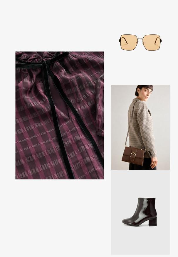 Blusa trasparente bordeaux con motivi a righe orizzontali e verticali, dettagli in velluto, scollatura ondulata e un'apertura a forma di V sulla parte anteriore.; Stivaletti in vernice nera con punta a forma di punta e tacco spesso. Texture liscia con una leggera lucentezza e linee pulite, design minimalista.; Occhiali da sole quadrati con lenti marroni e una sottile montatura in metallo nero. Presentano tempie angolari e naselli regolabili per il massimo comfort.; Borsa a tracolla in pelle marrone con una fibbia in metallo dorato, forma rettangolare, texture liscia e tracolla rimovibile.