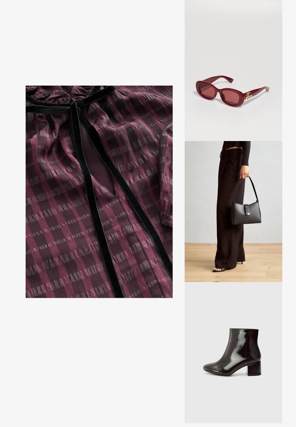 Gennemsigtig burgunderbluse med horisontale og vertikale stribemønstre, velourdetaljer, en ruffled halsudskæring og en V-formet udskæring foran.; Sorte patenterede læder ankelstøvler med spids tå og en chunky hæl. Glat tekstur med en subtil glans og rene linjer, minimalistisk design.; Røde plastsolbriller med rektangulære stel, tonede linser og en guldlåg accent på stængerne. Glat, blank finish.; Sort håndtaske med struktureret form, glat overflade og metalspænde. Sammen med brede sorte bukser og sandaler med åben tå på trægulv.